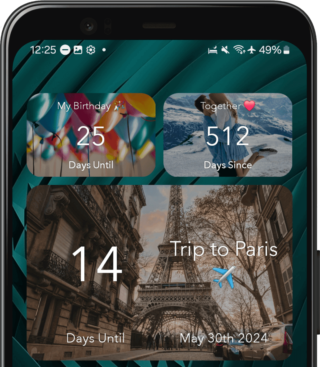 Samsung device showing countdown widgets on Home Screen